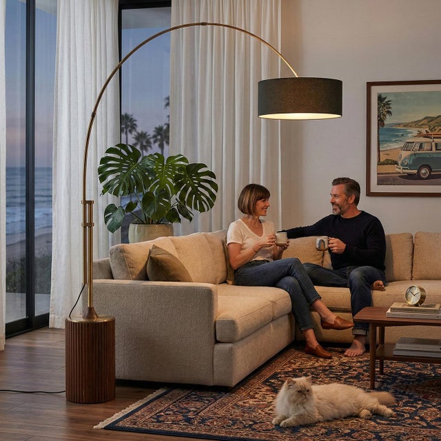 The Tambo Arc Lamp is a dimmable Mid-Century Modern arc lamp designed by Peter Morelli in 1984, featuring a satin nickel...