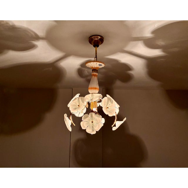 Mid 20th Century Italian Handmade Porcelain & White Murano Style Glass Daisy Chandeliers - a Pair For Sale - Image 9 of 17