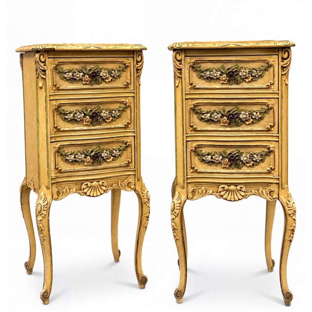 Yellow Victorian Cottage Style Marble Top Chests Side Tables W/ Floral Barbola Swags - Pair For Sale - Image 8 of 8