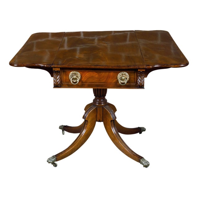 19th Century Regency English Mahogany Pembroke Table with Drawer, Quadripod Base, Lion Feet For Sale