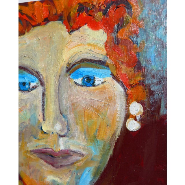 Wood Contemporary "Lady With the Pearl Earring" Portrait Oil Painting For Sale - Image 7 of 8