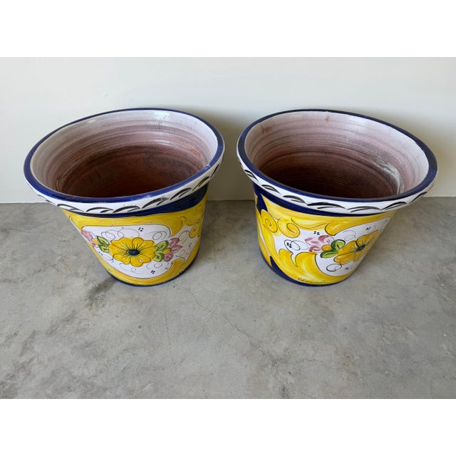 Tuscan Vintage Italian Tuscan Hand-Painted Terracotta Glazed Planters – A Pair For Sale - Image 3 of 12