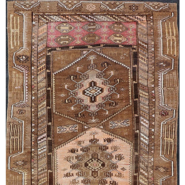Brown Vintage Hand-Knotted Turkish Kars Galley Rug in Wool With Medallion Design 4'6 X 11'5 For Sale - Image 8 of 13