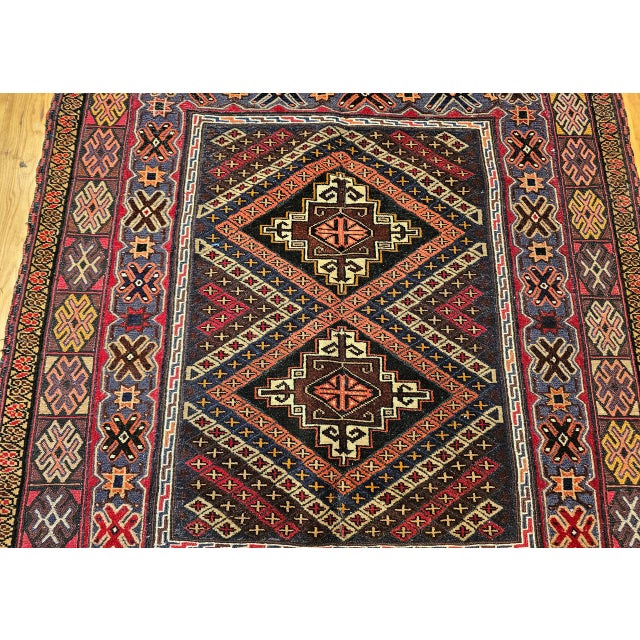 Vintage Afghan Baluch Tribal Area Rug in a Near-Square Size in Red, Blue, Brown For Sale - Image 11 of 17