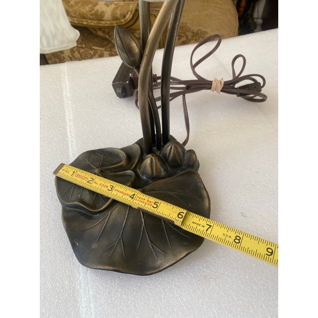 Glass Vintage 3-Light Lotus Flower Meyda Tiffany-Style Table Lamp, Sculptural Bronze-Tone Base, Botanical Glass Shades, Elegant Accent Lighting For Sale - Image 7 of 11