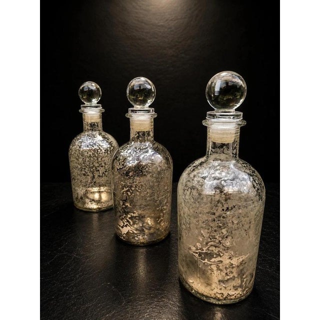 Vintage Mercury Glass Apothecary Bottles with Original Stoppers, Set of 3 For Sale - Image 6 of 7
