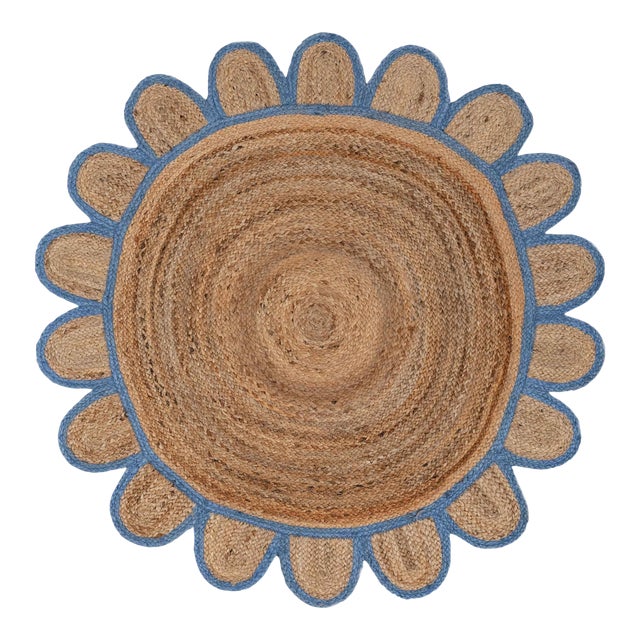 French Blue Round Jute Scallop Rug - 6'x6' For Sale