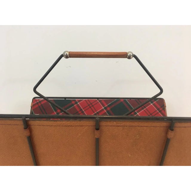 Black Lacquered Metal, Leather and Plaid Fabric Magazine Rack For Sale - Image 12 of 13