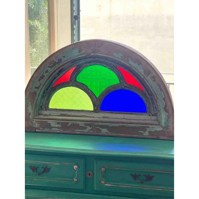 Antique Indian Teak and Cathedral Glass Overdoor Lunette, First Half of the 20th Century, 1920s For Sale - Image 9 of 15