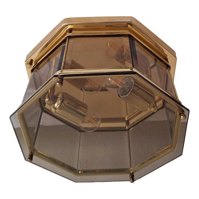 Vintage German Ceiling Lamp with Brass Frame and Partly Tinted Glass Panes from Holtkötter, 1980s For Sale