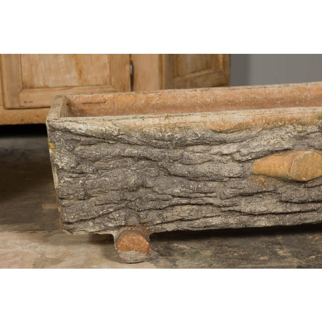 Rustic Pair of Faux Bois Midcentury Trough Shaped Concrete Planters, circa 1930 For Sale - Image 9 of 12