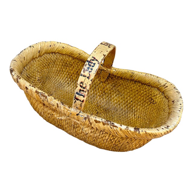 Vintage Mustard Painted “The Lady Jane Grey” Large Harvesting Basket - Folk Art For Sale