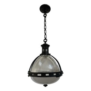 Vintage French Caged Holophane Glass Pendant Light, 1920s For Sale