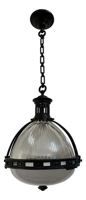 Vintage French Caged Holophane Glass Pendant Light, 1920s