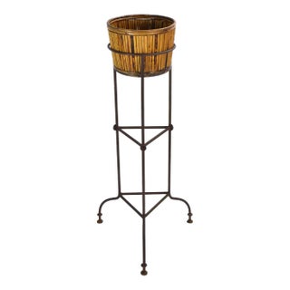 Vintage Industrial Steel Tripod Base Plant Stand With Bamboo Basket For Sale