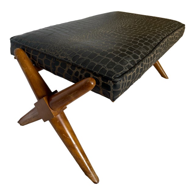 Authentic t.h. Robsjohn-Gibbings for Widdicomb Walnut X-Base Footrest Ottoman, Labeled, C. 1952-1955 For Sale