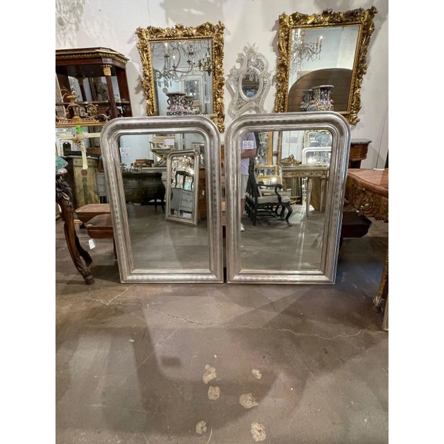 Vintage French Silver Leaf Louis Philippe Mirrors With Geometric Pattern- a Pair For Sale - Image 9 of 10