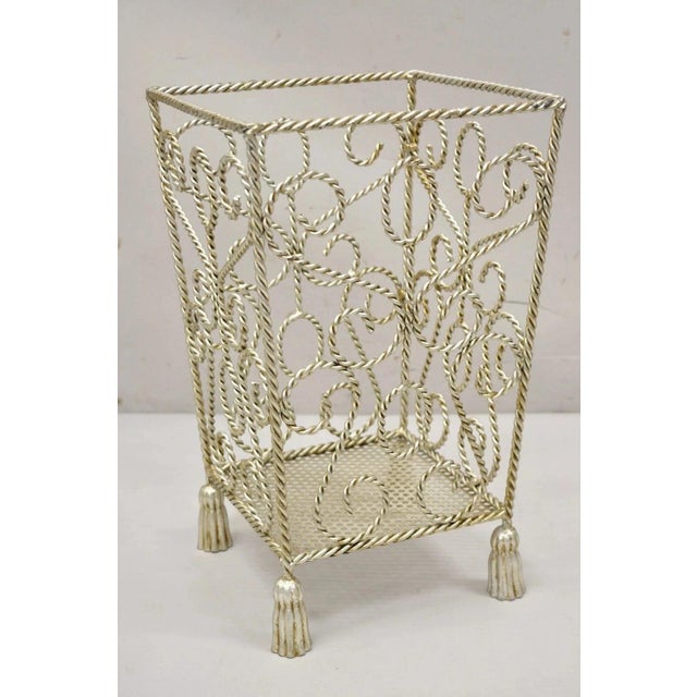 Hollywood Regency Vintage Italian Hollywood Regency Silver Iron Tassel Wastebasket Trashcan For Sale - Image 3 of 10