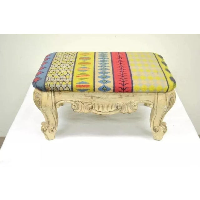 Tan Mid 20th Century Vintage French Baroque Style Wooden Distress White Painted Footstool Ottoman For Sale - Image 8 of 9