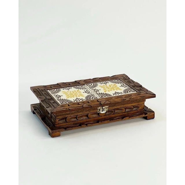 Brown 1970s Vintage Mexican Folk Art Carved Wooden Box With Orion Decorative Tiles For Sale - Image 8 of 9