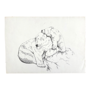 Original 24" x 17" Pen & Ink Drawing of Polar Bear and Cub by Gail Ross, EUC