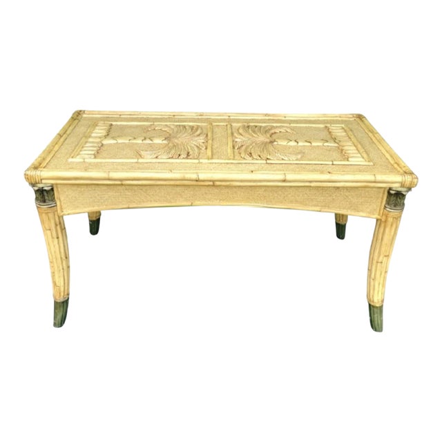 Vintage Coastal Regency Double Palm Tree Carved Wicker Bamboo Desk Dining Table For Sale