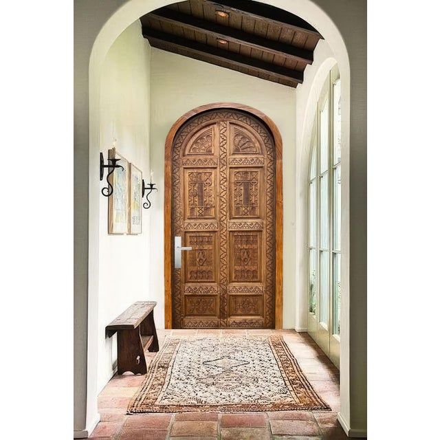 Hand-Carved Solid Wood Arched Door – Tribal Geometric Mediterranean Design For Sale - Image 9 of 10