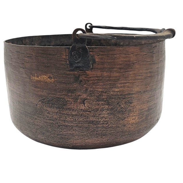19th Century Primitive Copper Cauldron Vessel With Hand-Forged Iron Handle 12" For Sale - Image 9 of 10