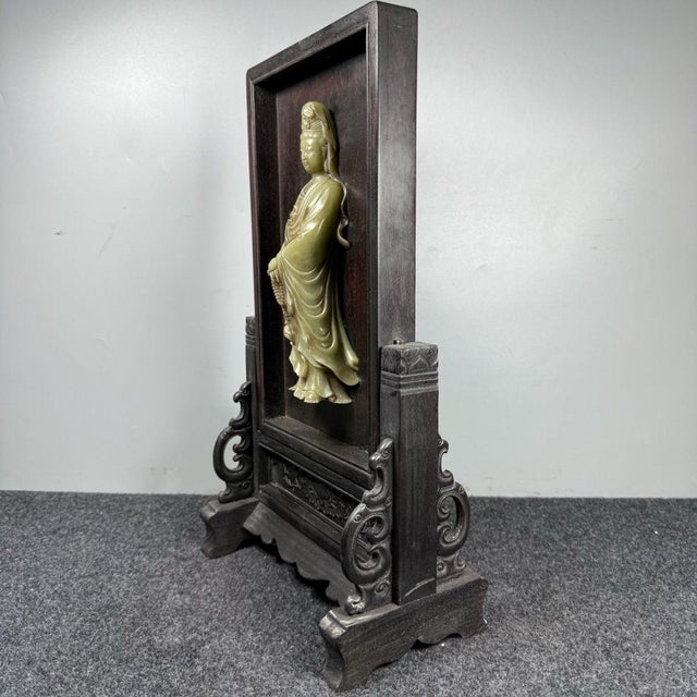 Wood 1970s Zitan Wood Table Screen With Carved Jade Guanyin (Goddess of Mercy) Inlay For Sale - Image 7 of 9
