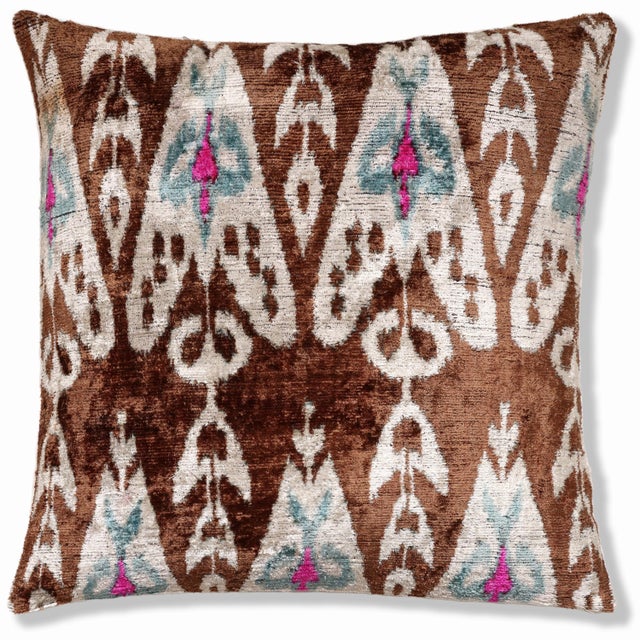 Mid-Century Modern Earth & Sky Ikat Velvet Throw Pillow 20x20 | Handmade Designer Accent Cushion For Sale - Image 3 of 8