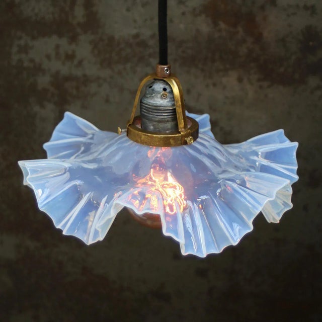 Art Nouveau French Pearl Blue Glass Pendant Light, 1920s For Sale - Image 4 of 7