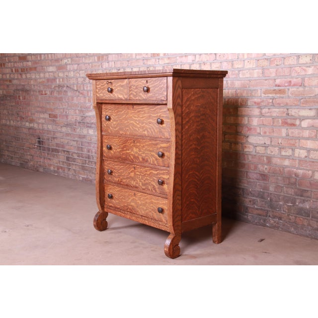 Antique American Empire Quarter Sawn Oak Highboy Dresser, Circa 1900