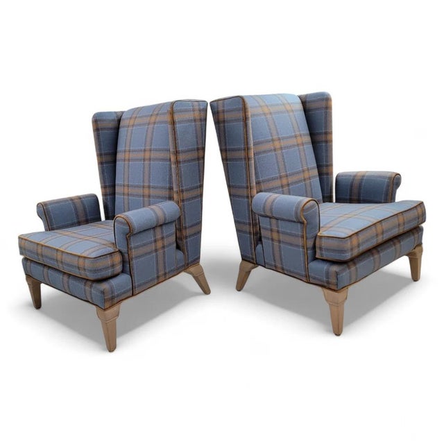 Mid-Century Modern Mid Century Modern Italian Wingback Lounge Chairs Upholstered in Plaid Wool - Set of 2 For Sale - Image 3 of 6