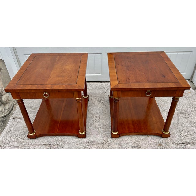 Vtg. Baker Pair of Regency Style Cherry Side Tables W/Inlay & Brass Trim For Sale - Image 15 of 16