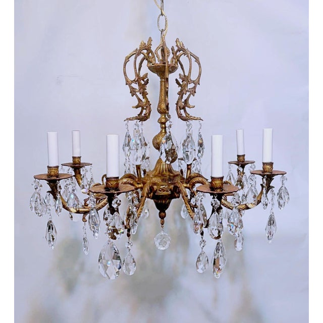 Brass 1930s Vintage Spanish Chandelier With Drop Crystals For Sale - Image 8 of 8