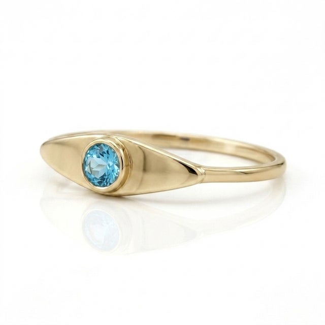 Contemporary Swiss Blue Topaz Eye Signet Ring | 18k Yellow Gold Plated Band | Coastal Minimalist Gemstone Ring Us 7 For Sale - Image 3 of 3