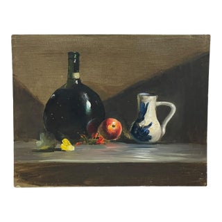 Vintage Still Life Oil Painting With Bottle, Ceramic Pitcher and Apple on Canvas Board For Sale
