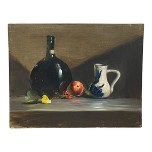 Vintage Still Life Oil Painting With Bottle, Ceramic Pitcher and Apple on Canvas Board
