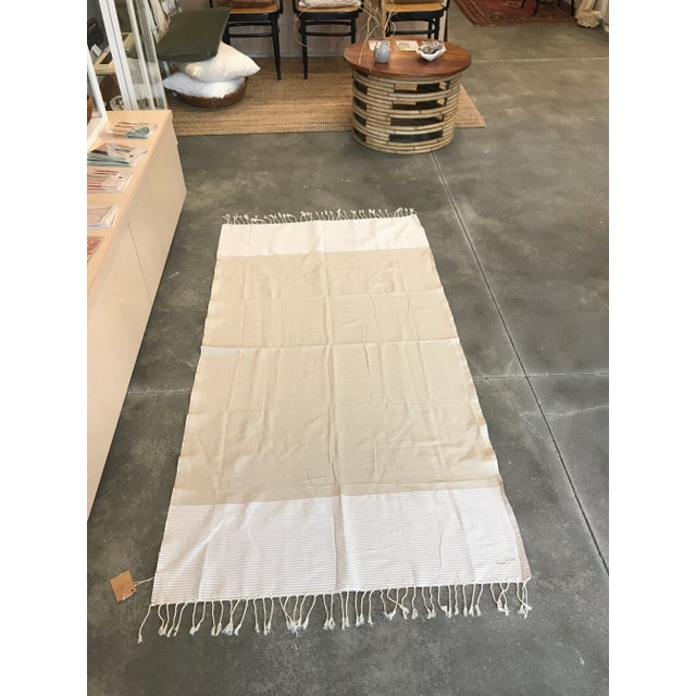 2020s Handwoven Turkish Fouta Bath or Beach Towel Tan With White Stripes and Fringe by Scents & Feel For Sale - Image 5 of 9