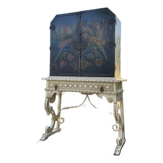 1920s Chinoiserie Black Lacquer & Gilt Cabinet on Painted Carved Stand For Sale