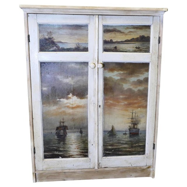 Hand Painted Cabinet with Four Oil Seascape Paintings For Sale - Image 8 of 8