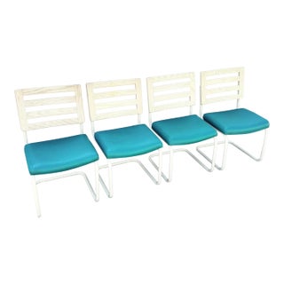 Postmodern Teal and Cream Cantilever Dining Chairs by Chromcraft - Set of 4 For Sale