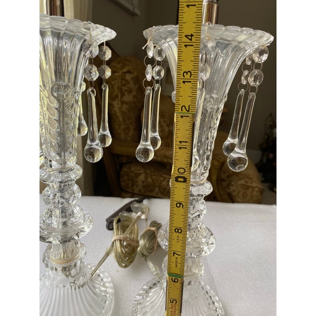 Glass Vintage Pair of Cut Glass Table Lamps, Crystal Prisms, Ornate Traditional Hollywood Regency Lighting, Clear Glass Decorative Lamps For Sale - Image 7 of 10