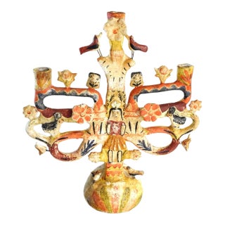 Mid Century Mexican Folk Art Tree of Life Candelabra Handmade Sculpture Distressed For Sale