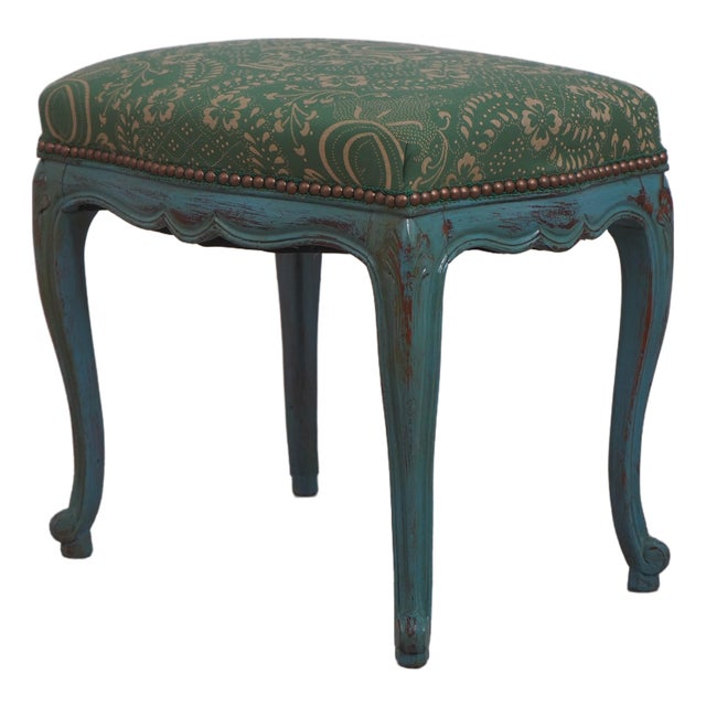French Green Damask Upholstered Foot Stool or Ottoman For Sale