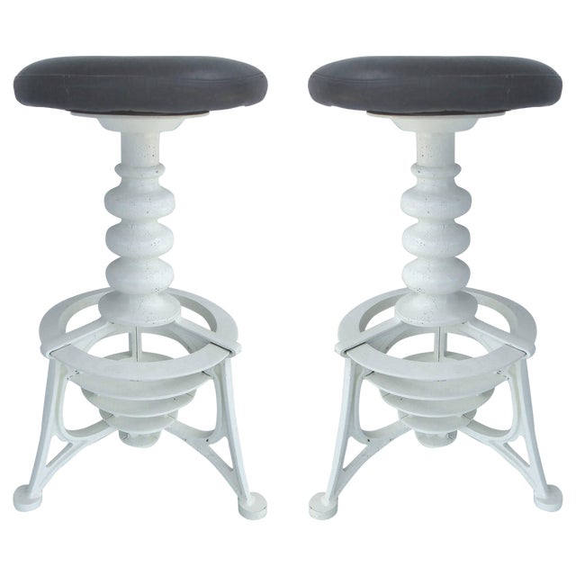 Turn of the Last Century Cast Iron Swivel Bar Stools With Leather Seats, Pair For Sale