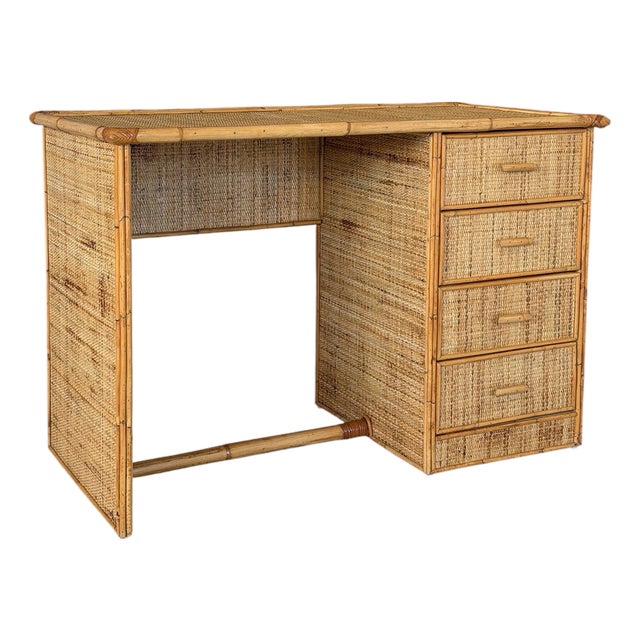 Vintage Coastal Organic Modern Rattan Floating Writing Desk For Sale