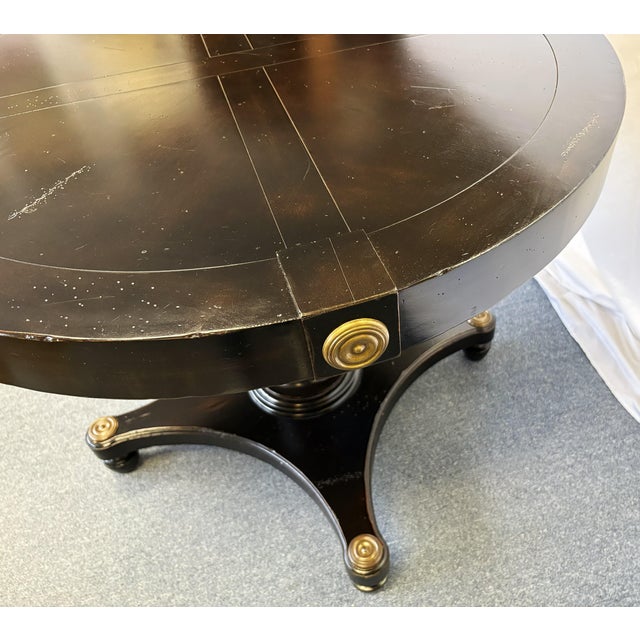 Vintage Neoclassical Style Round Pedestal Table With Brass Medallion Accents For Sale - Image 15 of 17
