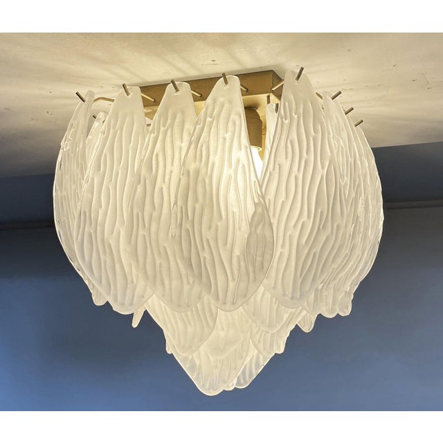 Murano Ceiling Lamp in Frosted Carved Glass Leaves, 1980s For Sale - Image 9 of 17