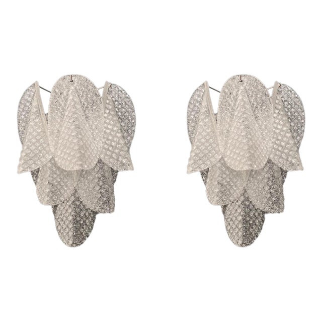 Murano Style Italian 12 “swallow” Clear Grit Glass Sconces - a Pair For Sale